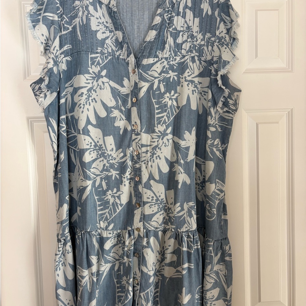 Tribal Blue Floral Button-Front Midi Dress